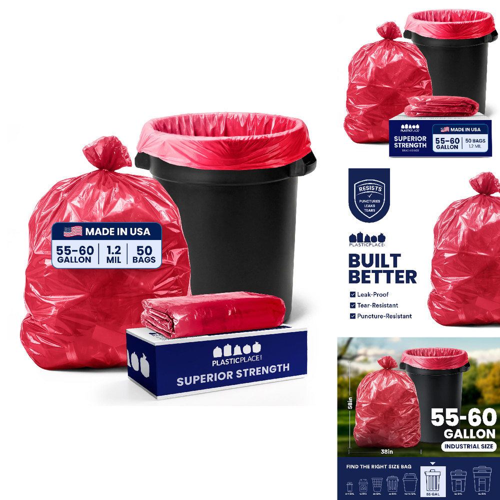 Plasticplace 55-60 Gallon Trash Bags 1.2 Mil Red Heavy Duty Garbage Can Liners