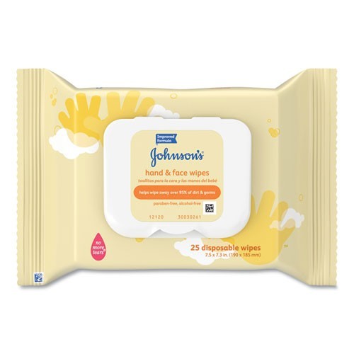 Johnson & Johnson Wipes, 1-Ply, Nonwoven Fiber, 7.3×7.5, Unscented, 25 Wipes/PK