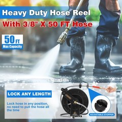 FIXFANS Pressure Washer Hose Reel with for Hot and 50 FT, Black, Grey