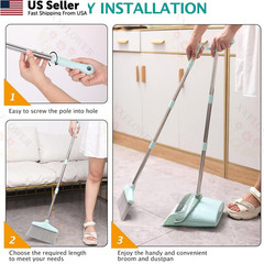 XXXFLOWER Broom and Dustpan Set with Cleaning Teeth, 55″ Long Bluish Green