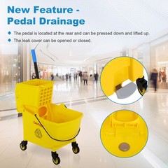 35 Quart Drain Outlet Commercial Mop Bucket with Wringer Side Press on Wheels