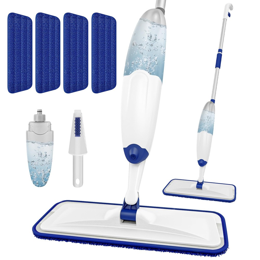 HOMTOYOU Microfiber Flat Mop with Sprayer: Spray Medium, White Blue