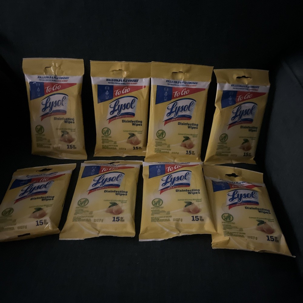 8 New Lysol To Go Disinfecting Wipes Lemon Lime Scent, 15 Count Each