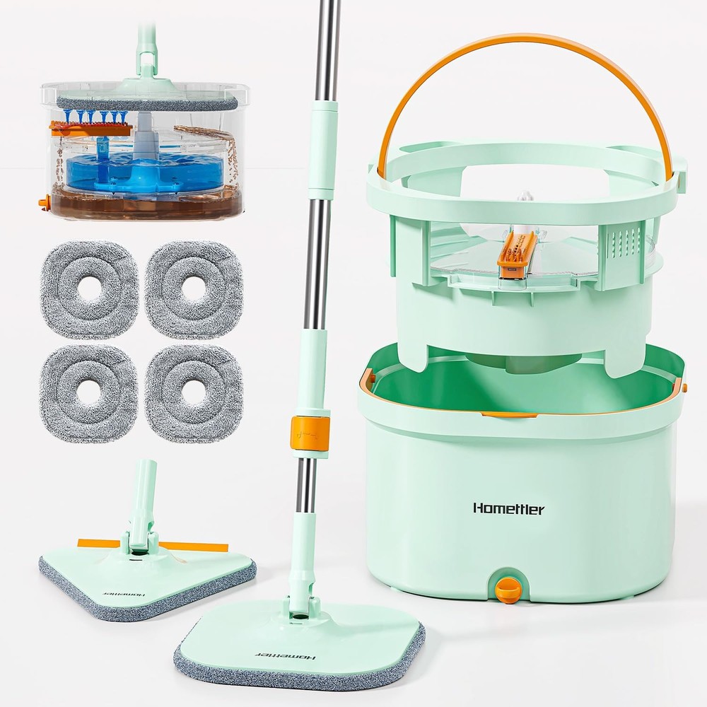 HoMettler Mop and Bucket Set | Spin with 4 Pads, Green