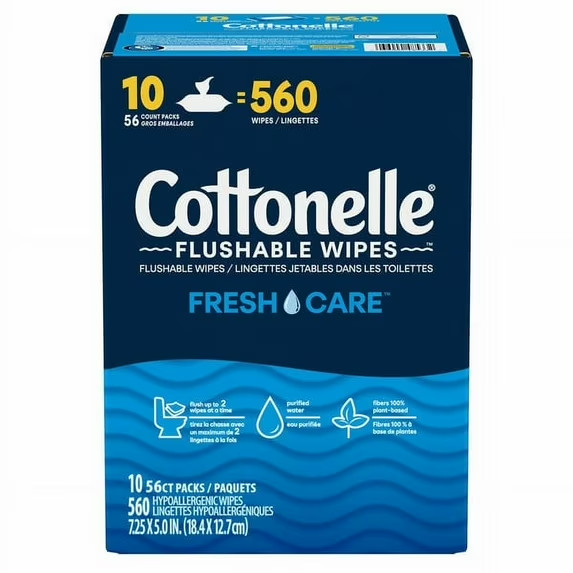 Cottonelle Freshfeel Flushable Wet Wipes – One Box of 560 Wipes (10 Packs of 56