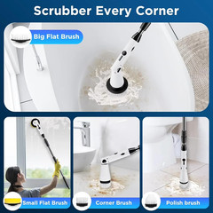Rotary electric floor scrubber with 3 interchangeable brush heads.