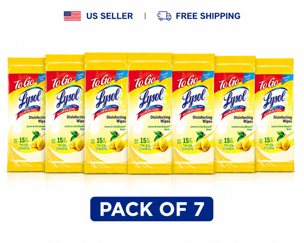 Lysol To Go Disinfecting Wipes Lemon & Lime Blossom 15ct Travel Pack of 7