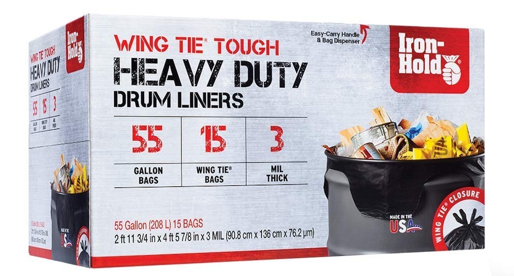 Iron-Hold Contractor Trash Bags – 55 Gallon 15 Bags Wing Tie Closure 3 Mil