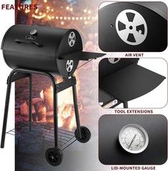 Outdoor Charcoal BBQ Grill Barrel Smoker w/ Side Table 500 Sq In Black
