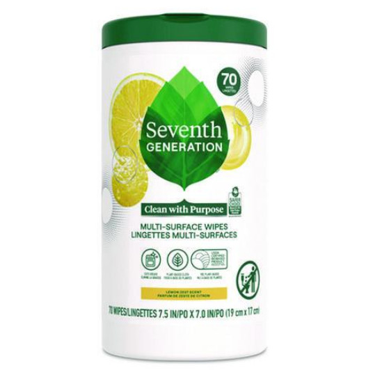 Seventh Generation Multi-Surface Wipes, 7 x 7, Lemon Zest, White, 70 Wipes, 6/CT