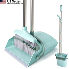 XXXFLOWER Broom and Dustpan Set with Cleaning Teeth, 55″ Long Bluish Green