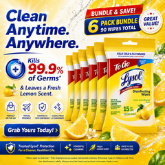 Lysol To Go Disinfecting Wipes Lemon Lime Scent, 15 Ct. Pack of 6 (FREE SHIPP)