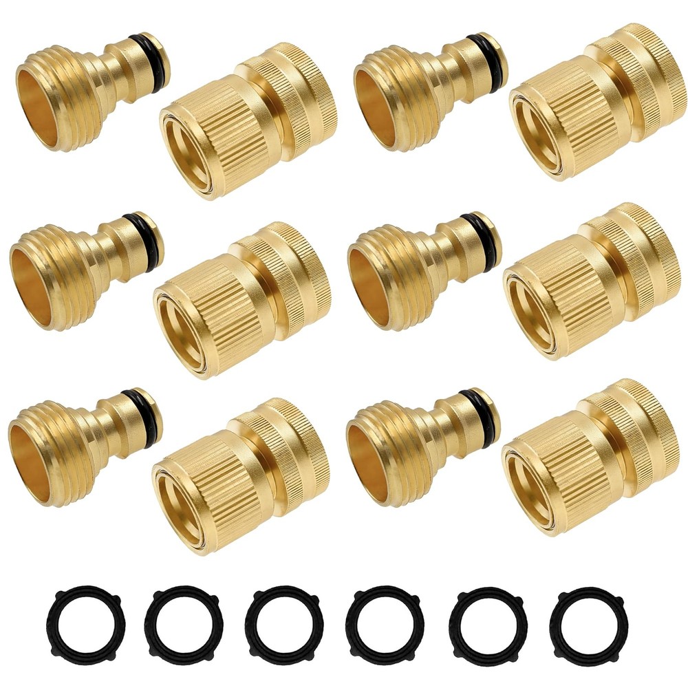Hourleey Garden Hose Quick Connector, Solid Brass 3/4 Style 1 – 6 Set, Gold
