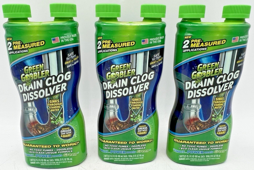 (3) GREEN GOBBLER DRAIN CLOG DISSOLVER 31 OZ EACH, NEW + DUSTY CONTAINER