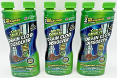 (3) GREEN GOBBLER DRAIN CLOG DISSOLVER 31 OZ EACH, NEW + DUSTY CONTAINER