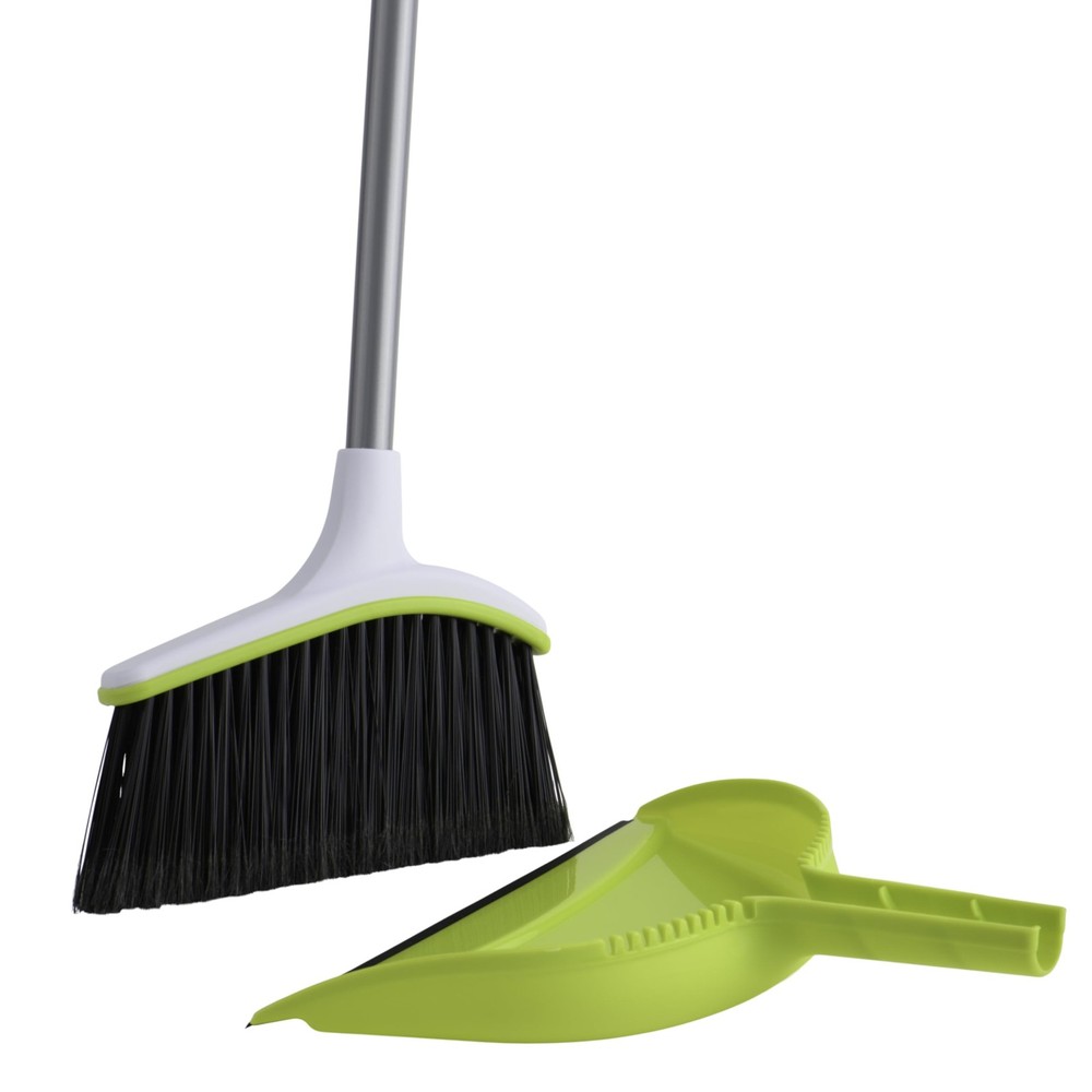 Casabella Basics 2-Piece Angled Broom and Dustpan Set, 2-Piece, Silver/Green