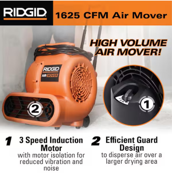 RIDGID 1625 CFM 3-Speed Portable Blower Fan Air Mover with Collapsible Handle
