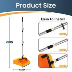 REEWII Large Broom and Dustpan Set，Long Handle Upright Dust Pan Orange