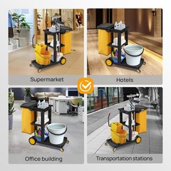 Heavy-Duty Commercial Cleaning Cart, 3-Shelf Design with Yellow Bag & Cover New