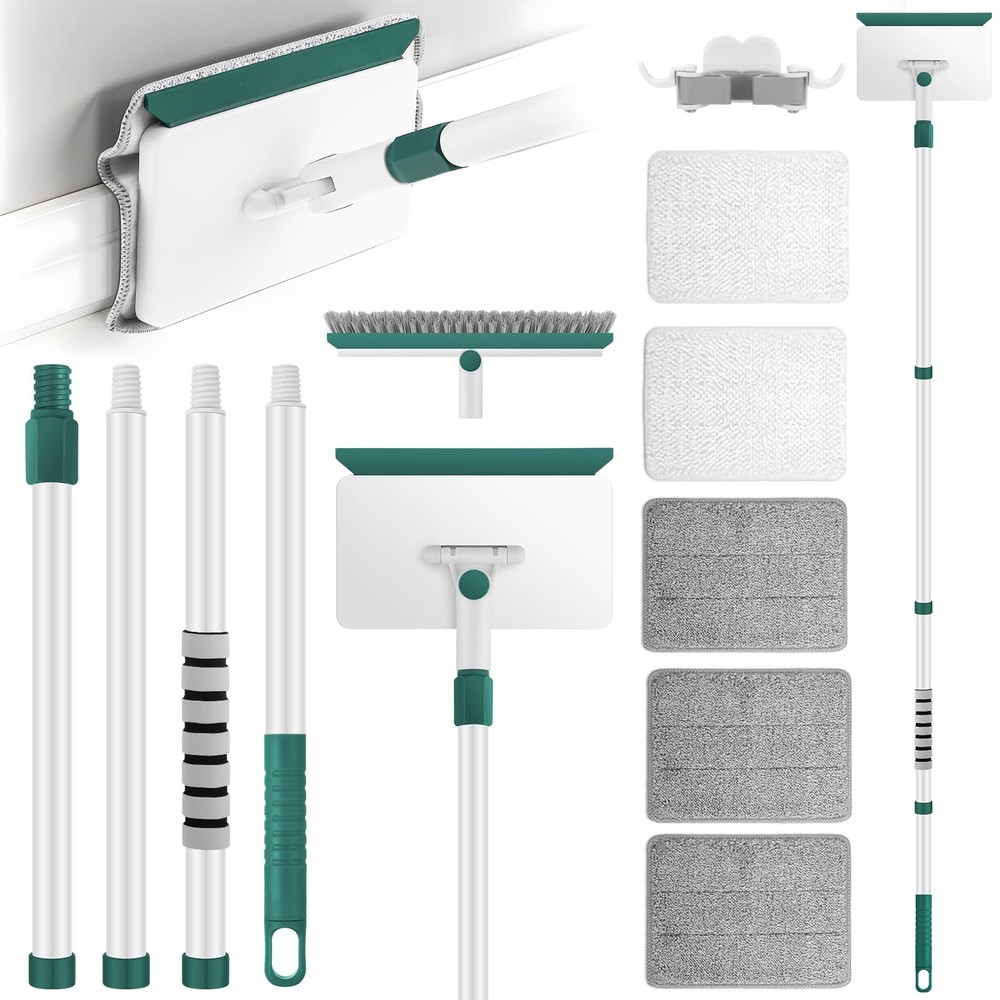 Baseboard Cleaner Tool with Handle, 60″ Extendable Long Green, White-green