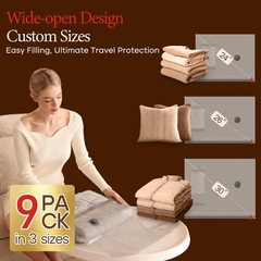Vacbird 9 Pack Vacuum Bags for Travel 9 Combo Size, Grey and white