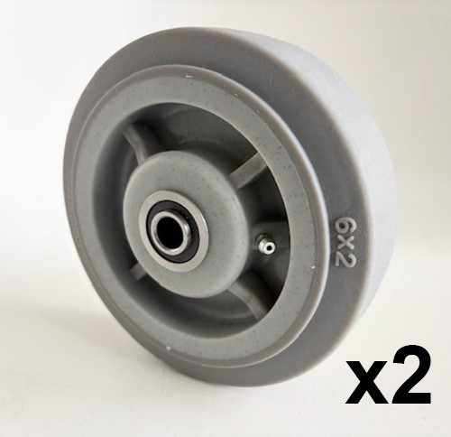 (2) NON-MARKING GRAY WHEELS BY DURATEK, SIZE 6″x2″, 1/2″ CENTER, GREASE ZERK