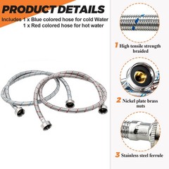 Beaquicy 6 Ft Washer Stainless Steel Hoses Braided 6 Feet, Blue,Red