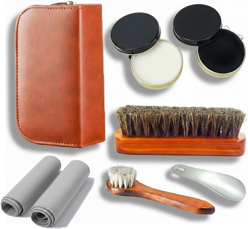 shoe care kit horsehair brush,long-handled round brush,white & black