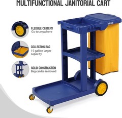 500 Lbs Capacity Janitorial Cart 3-Tier Rolling Cart w/ 15-Gallon Collection Bag