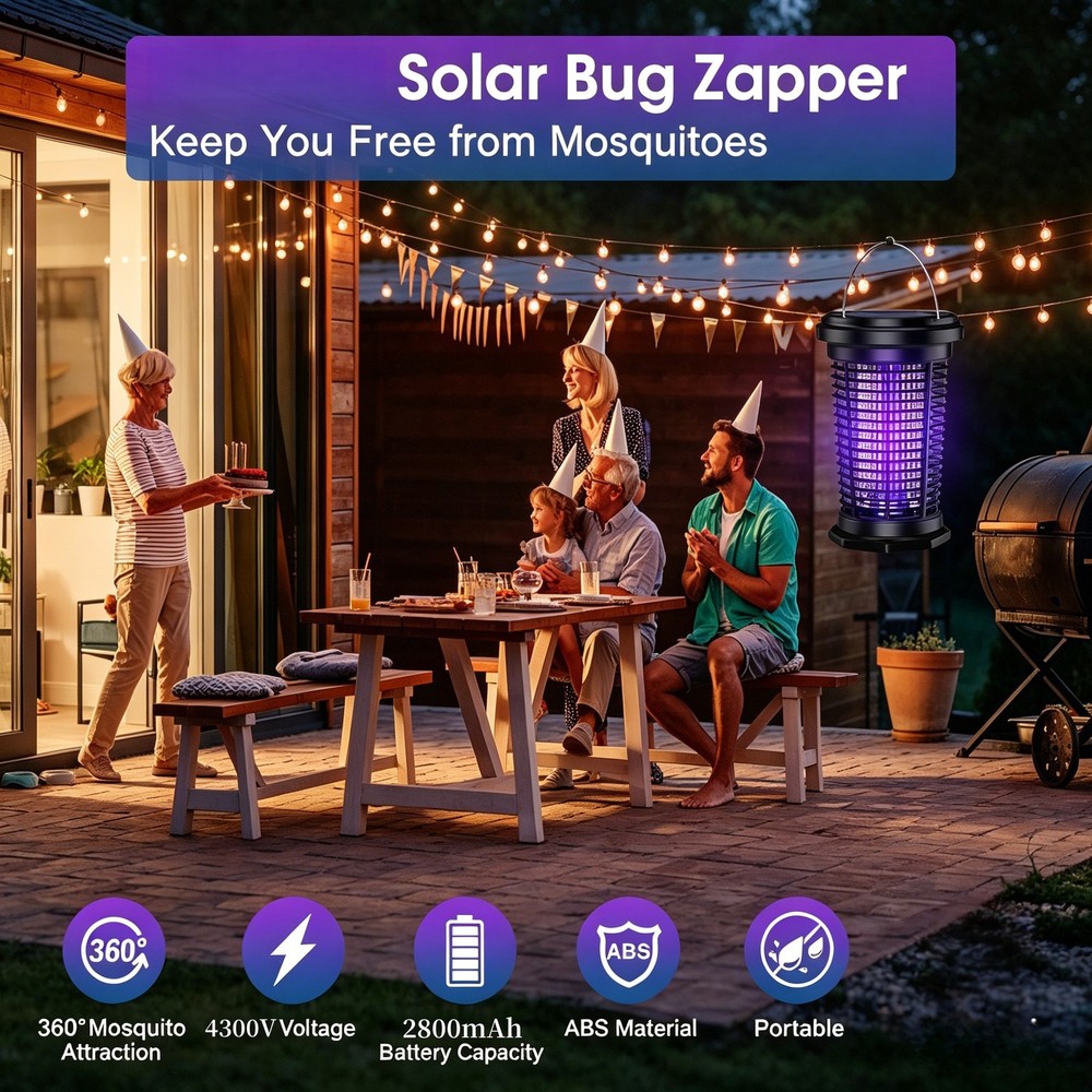 Portable Solar Mosquito Lamp, Fly and Mosquito Trap, Dual Solar Panels, 3 charge