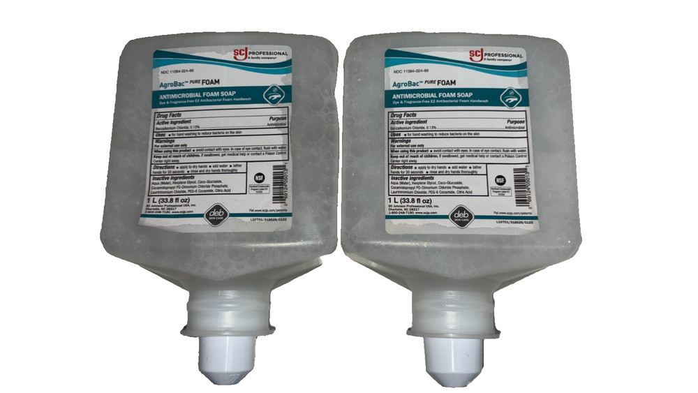 Two SC Johnson AgroBac Pure Foam Antimicrobial Foam Soap Wash 1 Liter Refills