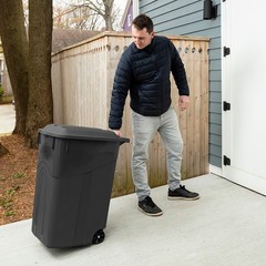 Tough 45 Gallon Wheeled Heavy Duty Plastic Garbage Can, Attached Lid, Black