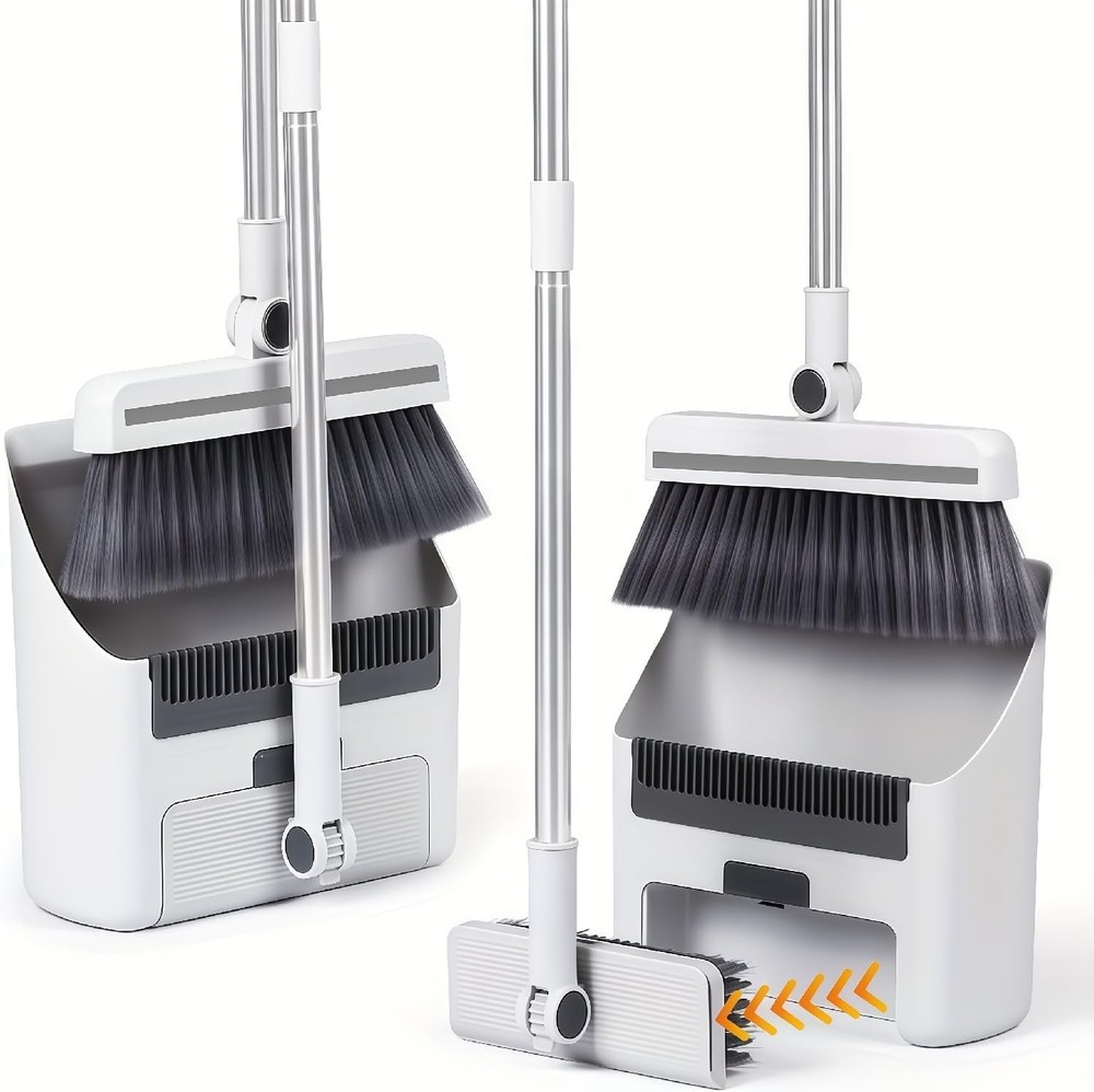 3in1 Broom and Dustpan Combo with Cleaning Teeth, Adjustable Long Handle, 180° R
