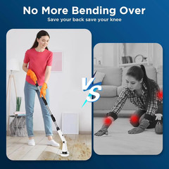 Rotary electric floor scrubber with 3 interchangeable brush heads.
