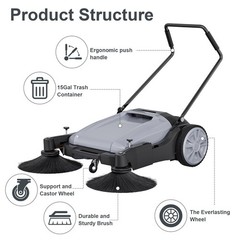 POHIR 42″ Walk-Behind Hand Push Floor Sweeper 15 Gallon Waste Container Gray