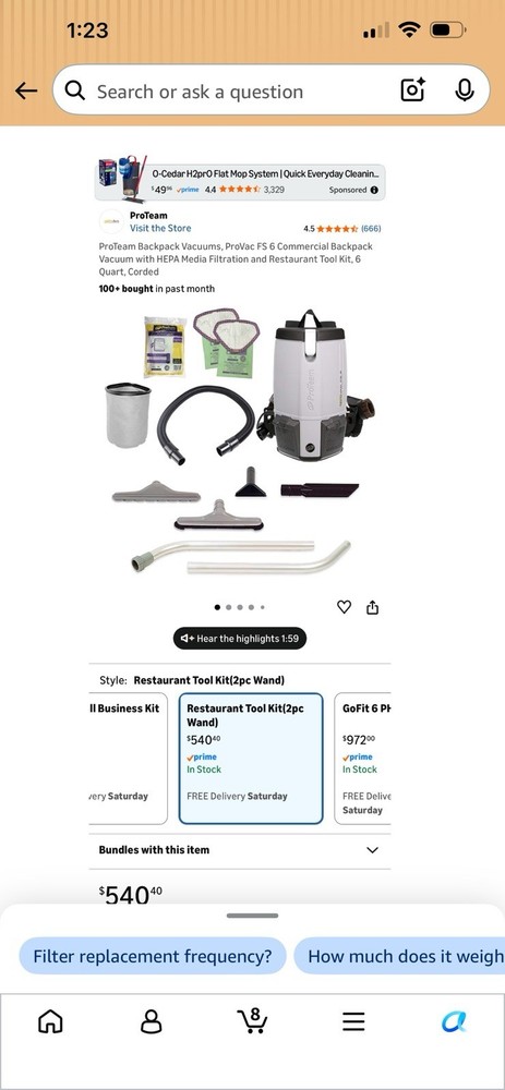 ProTeam ProVac FS 6 Backpack Vacuum HEPA Bagged 6 Qt w/ Hose Wand Floor Tool