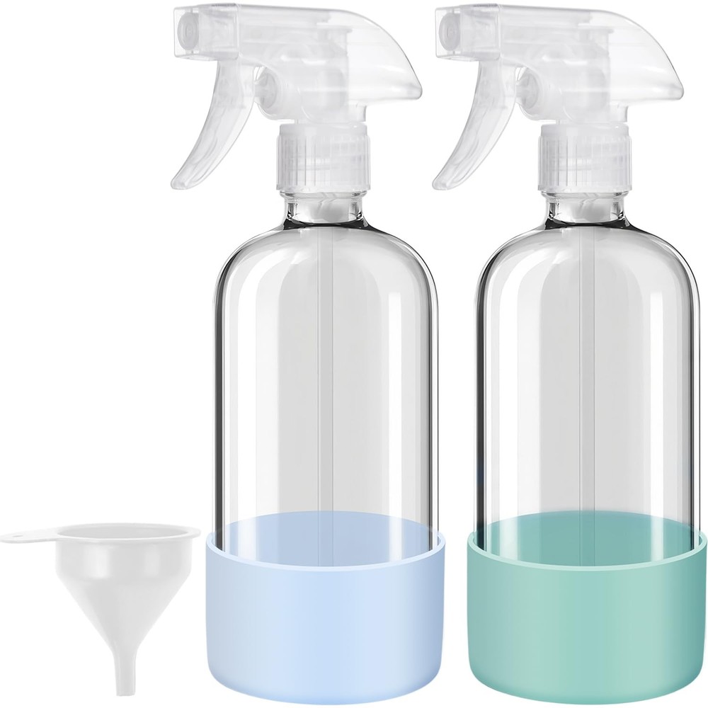 Glass Spray Bottles with Silicone Sleeves (2 Pack, 16 oz), Mist Green & Grey