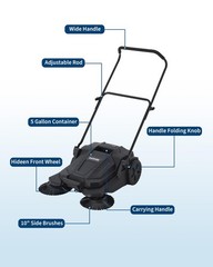 Walk-Behind Hand Push Floor Sweeper, 25.6 in Sweeping Width Manual Non-Electric