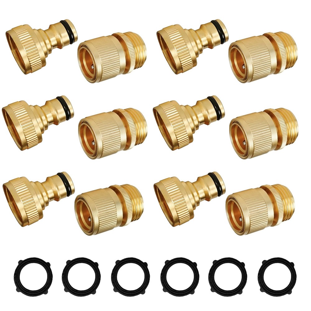 Hourleey Garden Hose Quick Connect, 6 Set Solid Brass Style 2 – 6 Set, Gold
