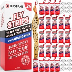 Fly Strips Indoor Sticky Hanging 24pk with Pins. Non Toxic 24pk, White