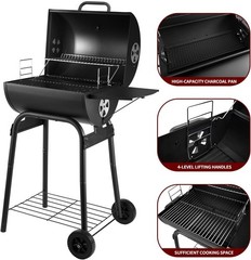 Outdoor Charcoal BBQ Grill Barrel Smoker w/ Side Table 500 Sq In Black
