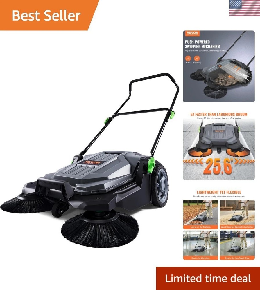 Walk-Behind Hand Push Floor Sweeper with 25.6″ Sweeping Width | Non-Electric,…