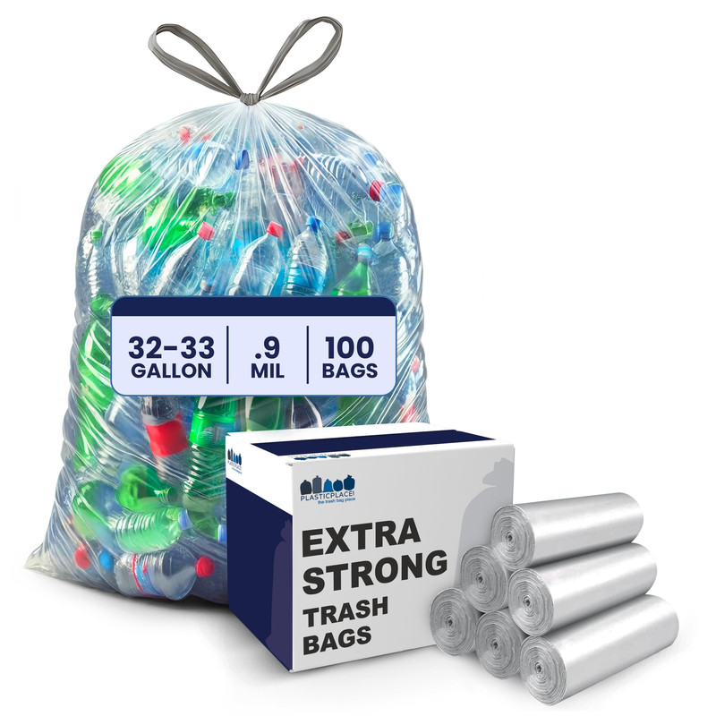 Plasticplace 32-33 Gallon Recycling Bags 0.9 Mil Clear Drawstring Garbage Can