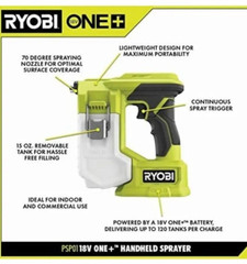 Sprayer Cordless Handheld RYOBI ONE+ 18V Tool Only Disinfectant Deodorizer NEW