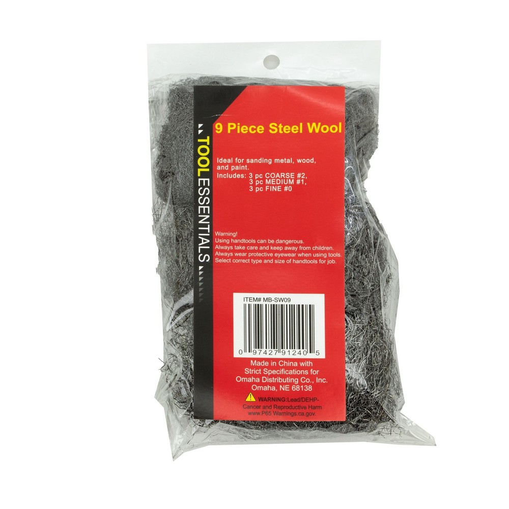 Tool Essentials 9Pack Steel Wool 3Ea Fine #1, Medium#2, Coarse #3 (Case of 18)