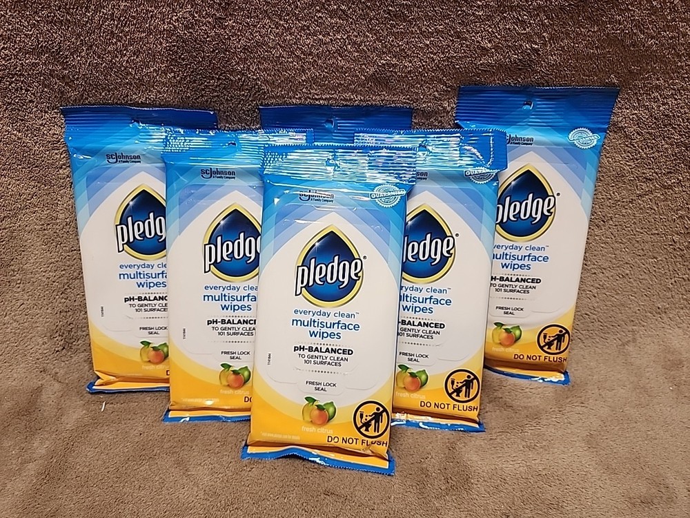 Lot of 6: PLEDGE Citrus Multi Surface Wipes 25 Pre-Moistened Wipes Per Package.