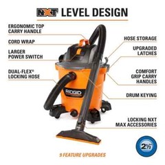 RIDGID 12 Gallon 5.0 Peak HP NXT Wet Dry Vac w/ General Debris Filter & Hose