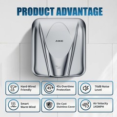 AIKE Elephant Power Commercial Hand Dryer High Speed Auto Warm Wind, Polished…
