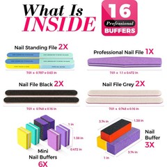 16 Pcs Nail Files and Buffers Blue, Pink, Yellow, Red, Black, Silver, Orange