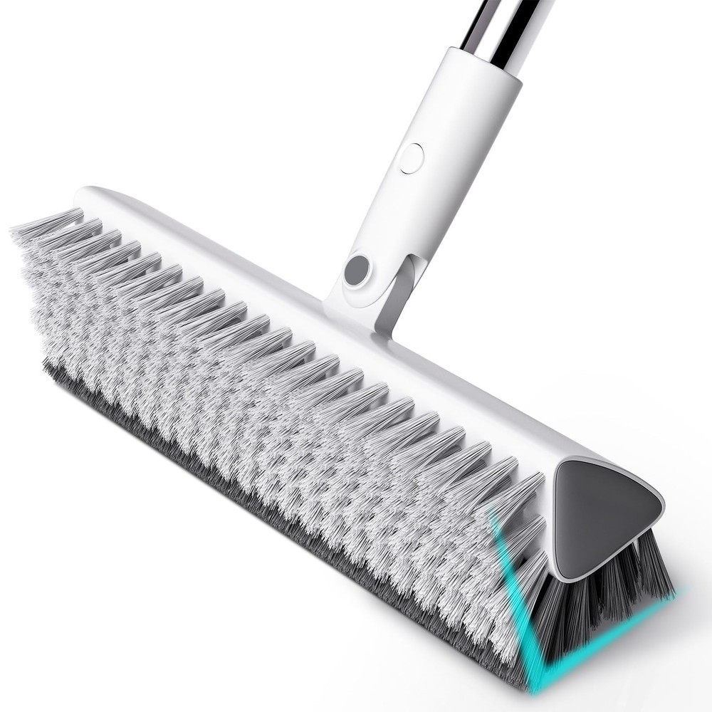 Floor Scrub Brush with Long Handle, Heavy-Duty Stiff Bristles, V-Shape White